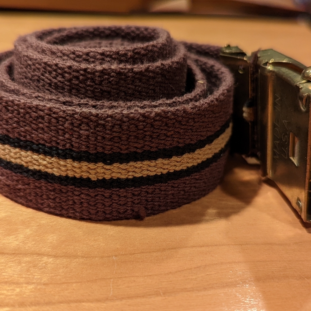Fabric retro belt in plum, blue and tan with metal buckle. Made in the USA
